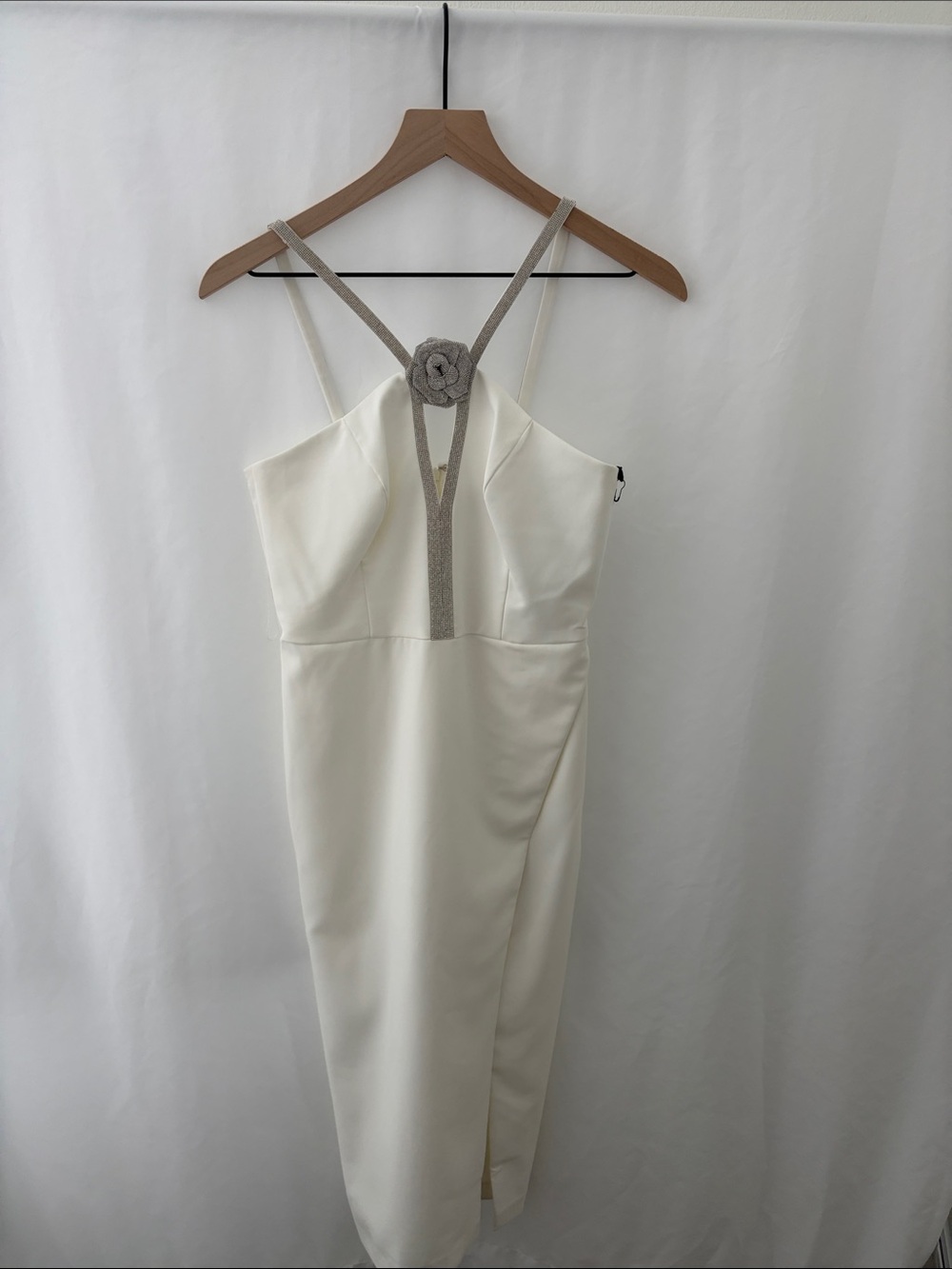 Ivory Midi Dress with Decorative Metallic Strap and Rosette